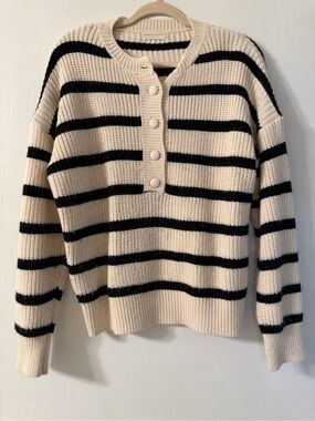 Goodnight Macaroon Cream & Black Striped Button-Placket Sweater